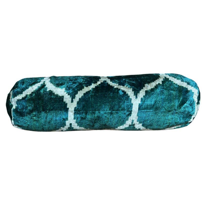 Ikat Handwoven Silk Velvet Bolster Pillow Case Including Cushion (19"x6")